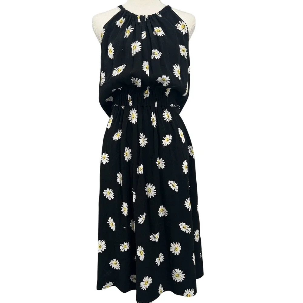 Kate Spade Daisy Halter Dress Black Floral Smocked Waist Preppy Coquette Garden